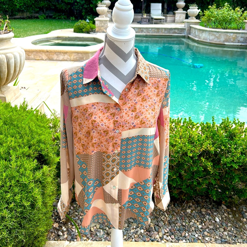 Rose & Olive Printed Button Down Blouse, new no tags